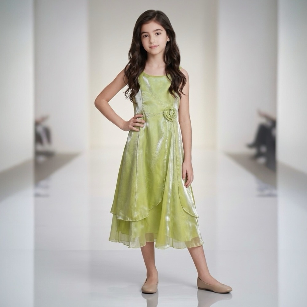 Good Girl USA Lime Green Shimmer Formal Dress Flower Girl Rosette Rhinestone